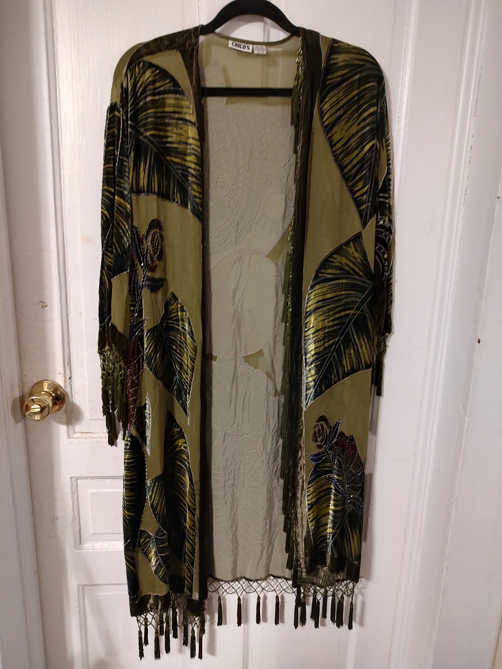 Chico's Olive Green Fringe Open-Front Kimono Jacket